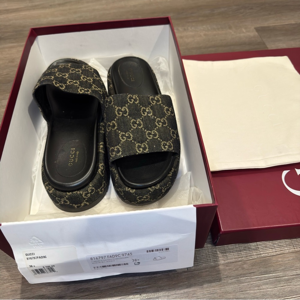 Gucci GG Monogram Canvas Denim Platform Slide Sandals - Picture 13 of 15